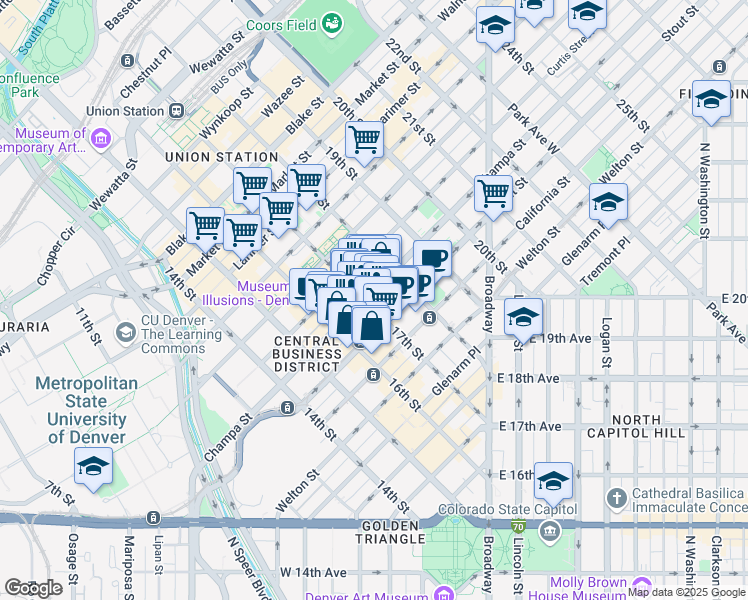 map of restaurants, bars, coffee shops, grocery stores, and more near in Denver