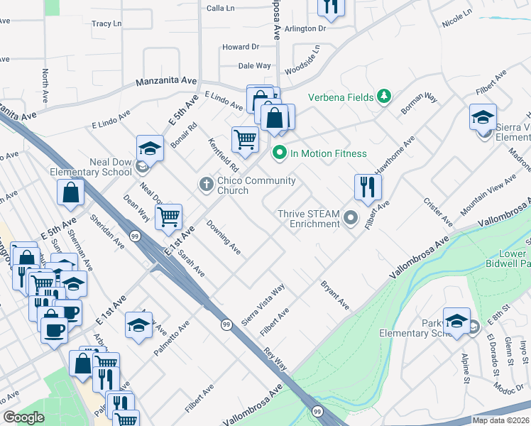 map of restaurants, bars, coffee shops, grocery stores, and more near 911 Karen Drive in Chico