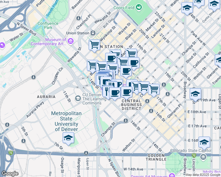 map of restaurants, bars, coffee shops, grocery stores, and more near 1475 Lawrence Street in Denver
