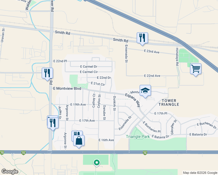 map of restaurants, bars, coffee shops, grocery stores, and more near 19163 East Montview Boulevard in Aurora