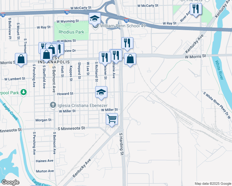 map of restaurants, bars, coffee shops, grocery stores, and more near 1424 Blaine Avenue in Indianapolis
