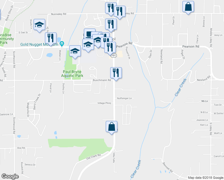 map of restaurants, bars, coffee shops, grocery stores, and more near 5491 Clark Road in Paradise