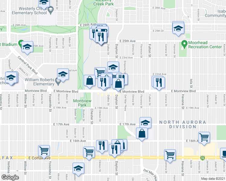 map of restaurants, bars, coffee shops, grocery stores, and more near 9655 E Montview Blvd in Aurora