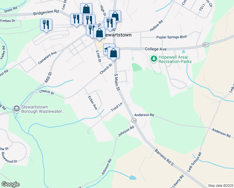 map of restaurants, bars, coffee shops, grocery stores, and more near 70 South Main Street in Stewartstown