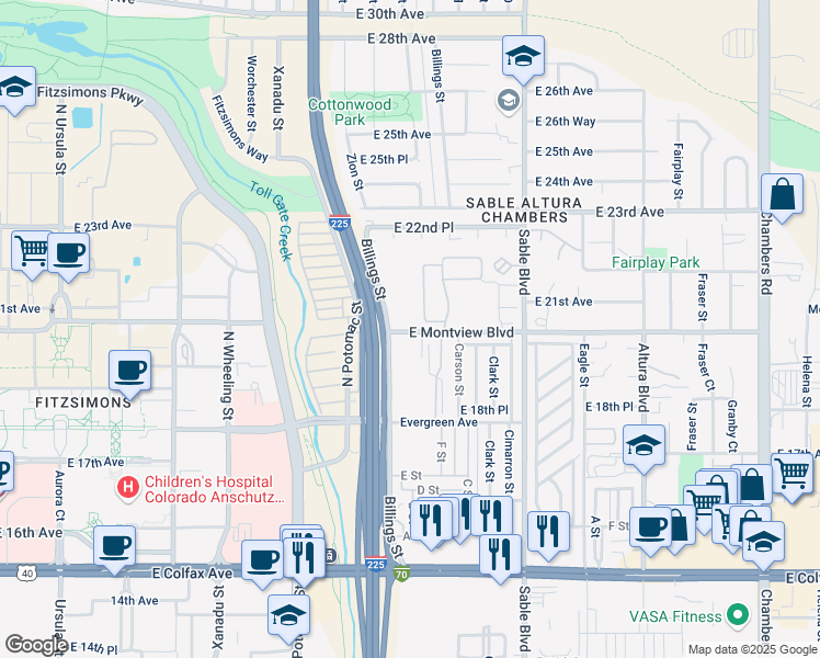 map of restaurants, bars, coffee shops, grocery stores, and more near 1988 Billings Street in Aurora