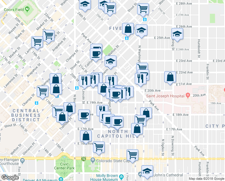 map of restaurants, bars, coffee shops, grocery stores, and more near 1958 Logan Street in Denver