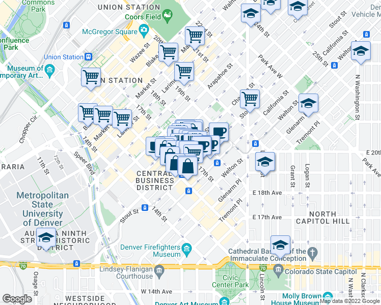 map of restaurants, bars, coffee shops, grocery stores, and more near in Denver