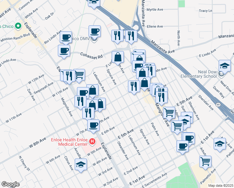 map of restaurants, bars, coffee shops, grocery stores, and more near 1749 Spruce Avenue in Chico