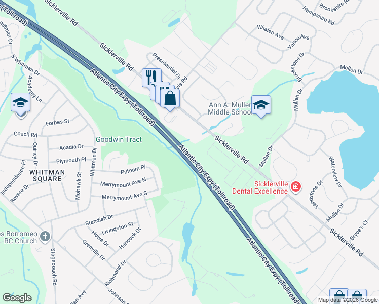 map of restaurants, bars, coffee shops, grocery stores, and more near Atlantic City Expressway in Sicklerville