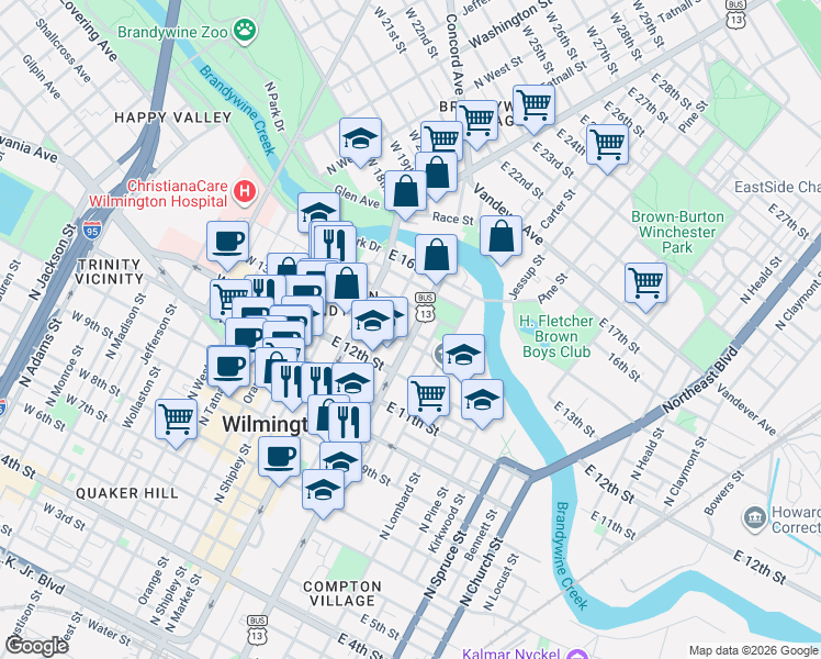 map of restaurants, bars, coffee shops, grocery stores, and more near 307 East 13th Street in Wilmington
