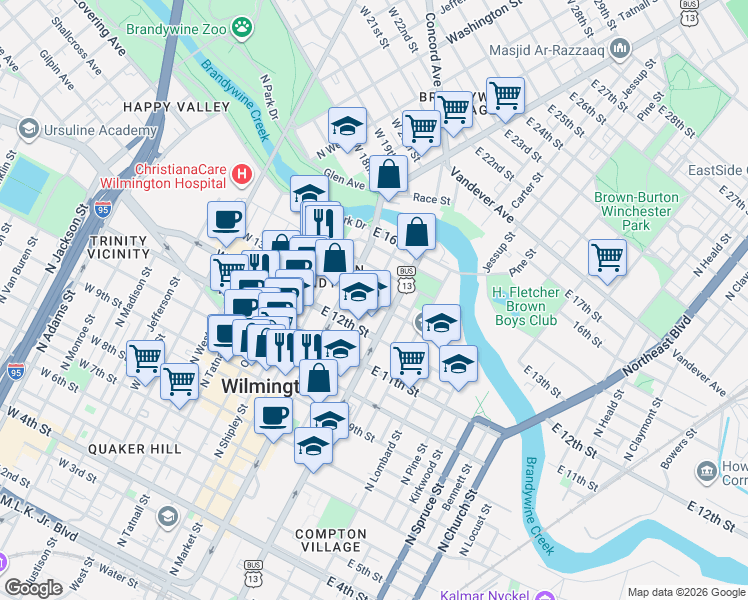 map of restaurants, bars, coffee shops, grocery stores, and more near 1213 North French Street in Wilmington