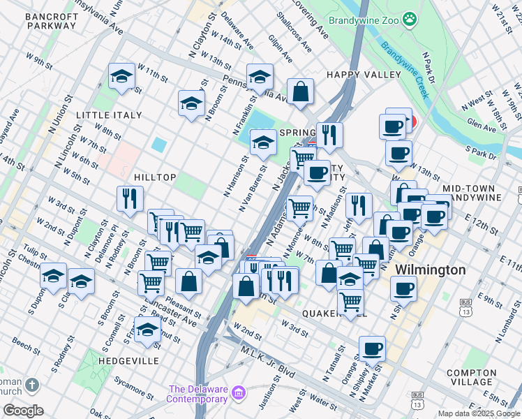 map of restaurants, bars, coffee shops, grocery stores, and more near 703 North Jackson Street in Wilmington
