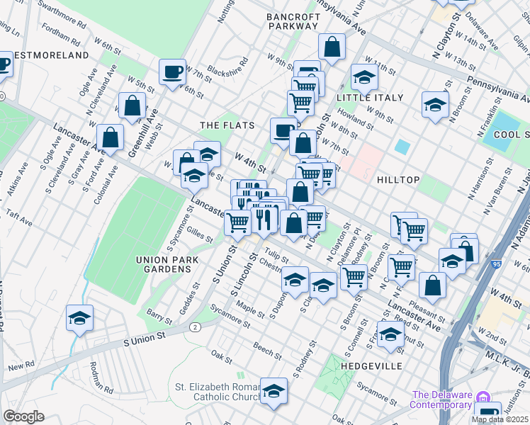 map of restaurants, bars, coffee shops, grocery stores, and more near 118 Delaware 2 in Wilmington