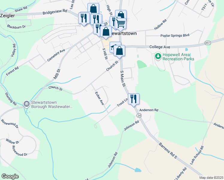 map of restaurants, bars, coffee shops, grocery stores, and more near 9 Katie Court in Stewartstown