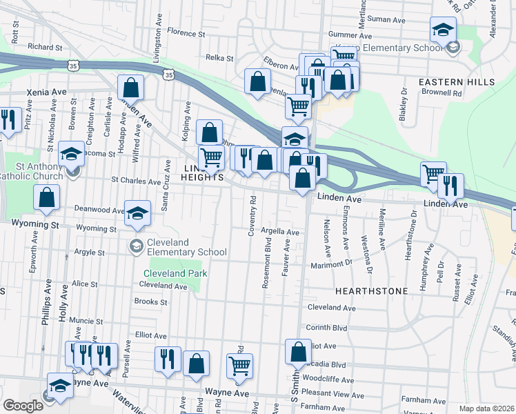 map of restaurants, bars, coffee shops, grocery stores, and more near 1442 Coventry Road in Dayton