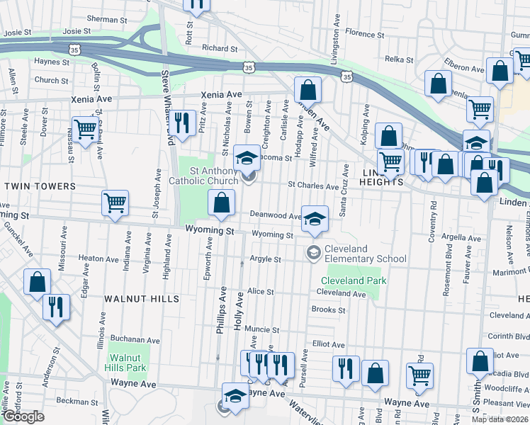 map of restaurants, bars, coffee shops, grocery stores, and more near 1908 Deanwood Avenue in Dayton
