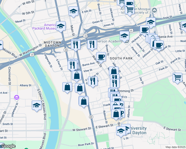 map of restaurants, bars, coffee shops, grocery stores, and more near 199 East Apple Street in Dayton