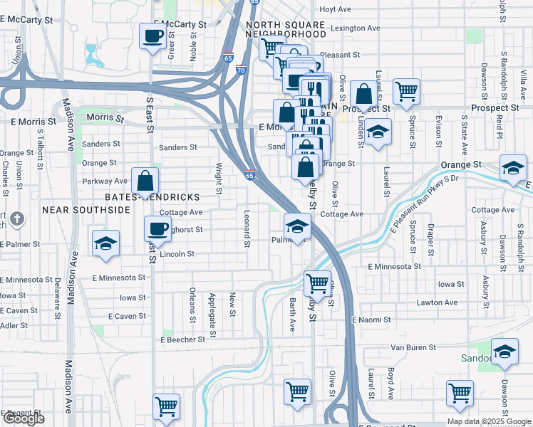 map of restaurants, bars, coffee shops, grocery stores, and more near 1535 Ringgold Avenue in Indianapolis