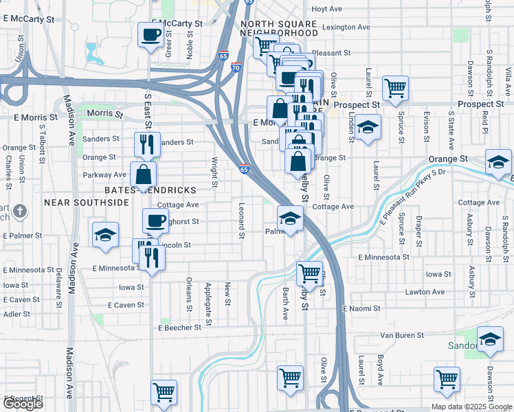 map of restaurants, bars, coffee shops, grocery stores, and more near 1533 Leonard Street in Indianapolis