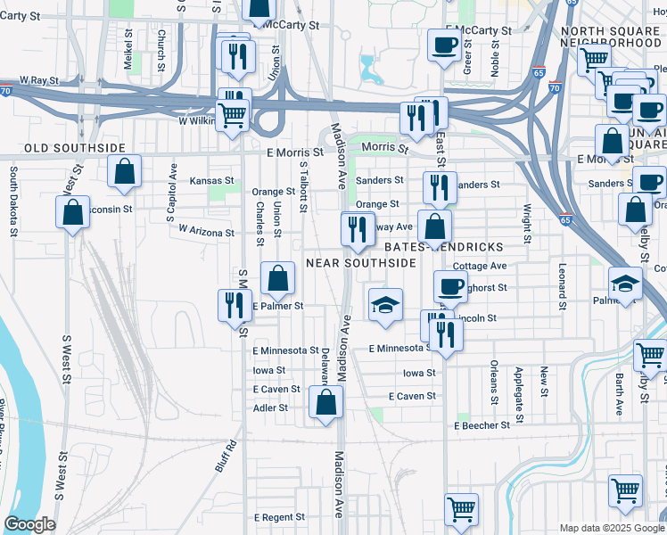 map of restaurants, bars, coffee shops, grocery stores, and more near 202 East Palmer Street in Indianapolis