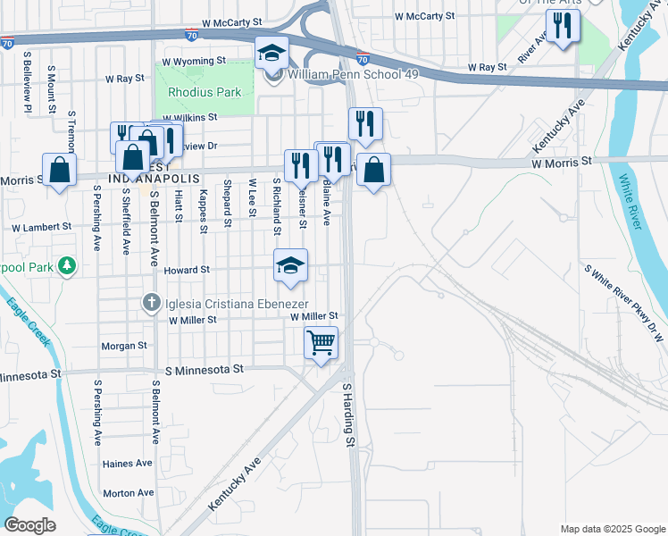 map of restaurants, bars, coffee shops, grocery stores, and more near 1424 Blaine Avenue in Indianapolis