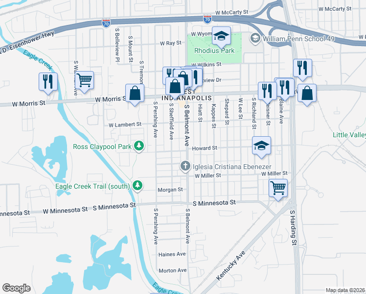 map of restaurants, bars, coffee shops, grocery stores, and more near 2117 Howard Street in Indianapolis