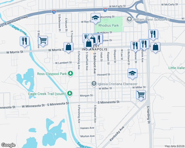 map of restaurants, bars, coffee shops, grocery stores, and more near 2117 Howard Street in Indianapolis