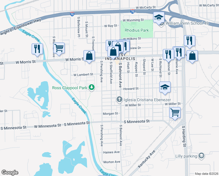 map of restaurants, bars, coffee shops, grocery stores, and more near 2229 Howard Street in Indianapolis