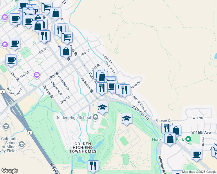 map of restaurants, bars, coffee shops, grocery stores, and more near 510 24th Street in Golden