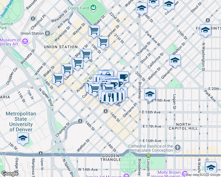 map of restaurants, bars, coffee shops, grocery stores, and more near in Denver