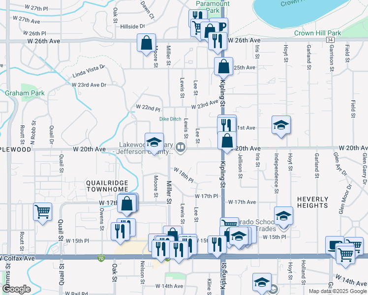 map of restaurants, bars, coffee shops, grocery stores, and more near in Lakewood