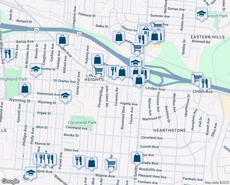 map of restaurants, bars, coffee shops, grocery stores, and more near 1423 Coventry Road in Dayton
