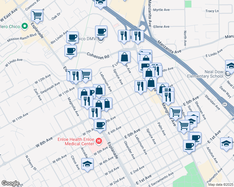 map of restaurants, bars, coffee shops, grocery stores, and more near 1836 Laburnum Avenue in Chico