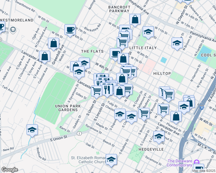 map of restaurants, bars, coffee shops, grocery stores, and more near 118 Delaware 2 in Wilmington