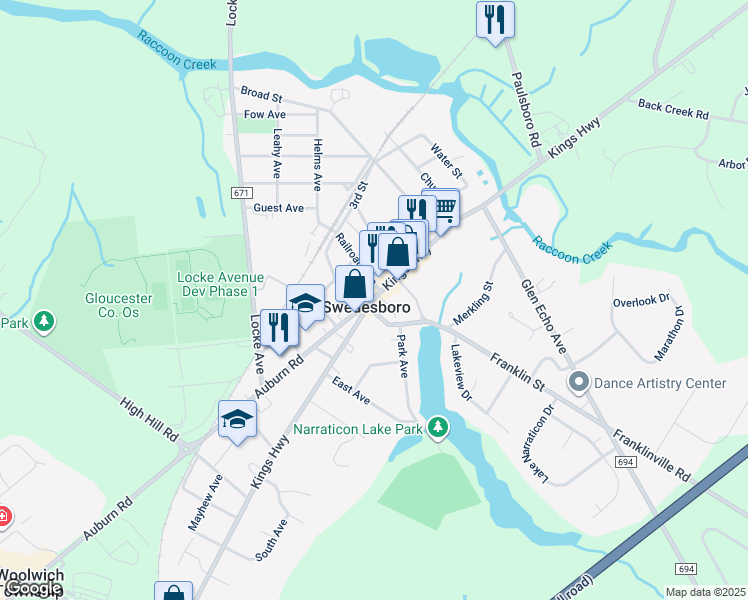 map of restaurants, bars, coffee shops, grocery stores, and more near in Swedesboro