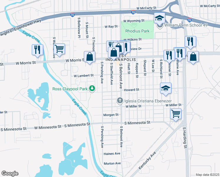 map of restaurants, bars, coffee shops, grocery stores, and more near 2229 Howard Street in Indianapolis
