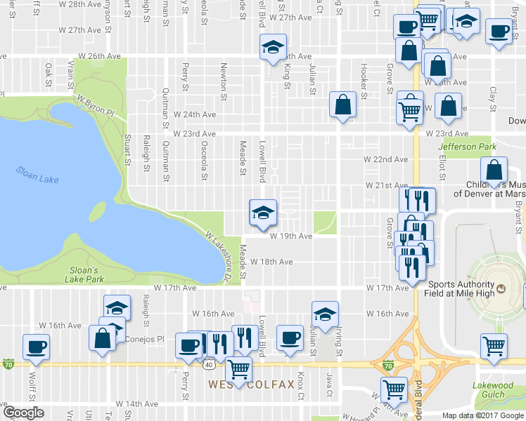 map of restaurants, bars, coffee shops, grocery stores, and more near Lowell Blvd & W 20th Ave in Denver