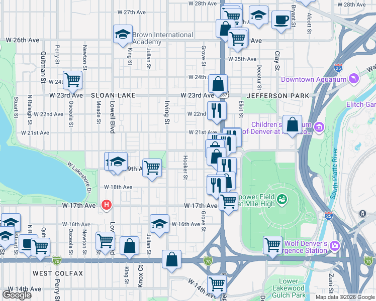 map of restaurants, bars, coffee shops, grocery stores, and more near 1915 Hooker Street in Denver