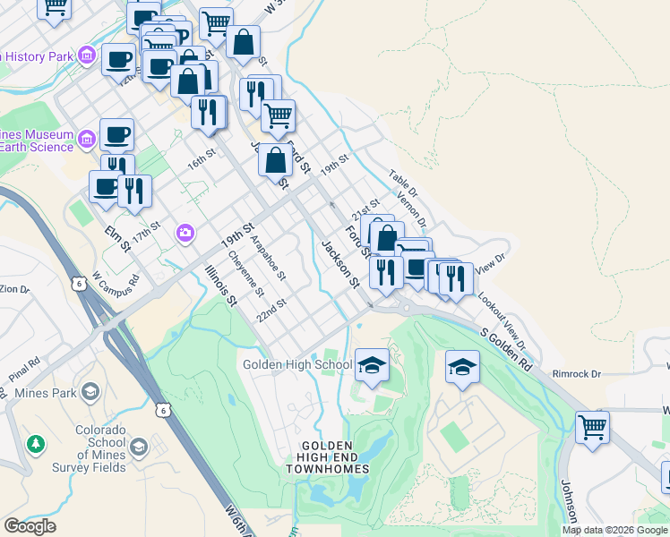 map of restaurants, bars, coffee shops, grocery stores, and more near 2200 Jackson Street in Golden
