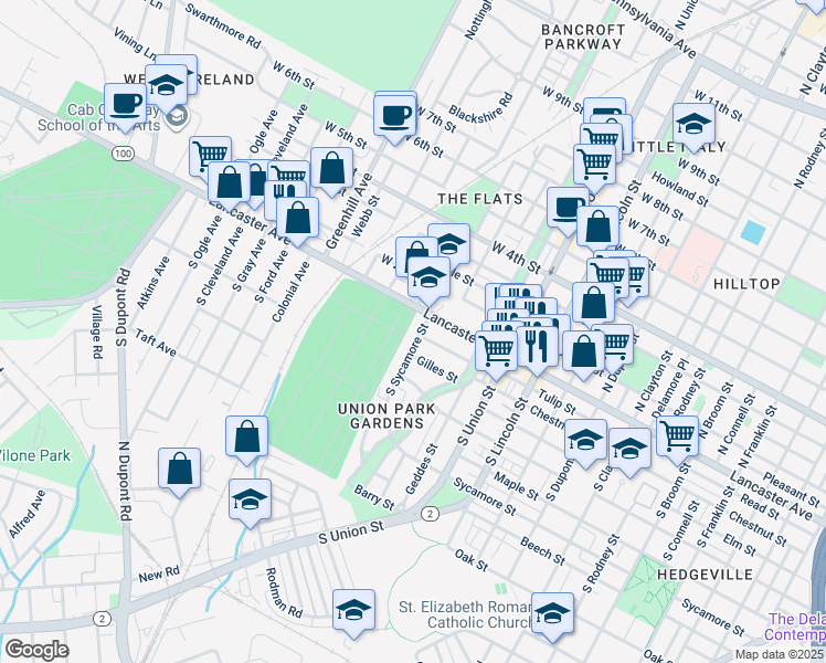 map of restaurants, bars, coffee shops, grocery stores, and more near 7 South Sycamore Street in Wilmington