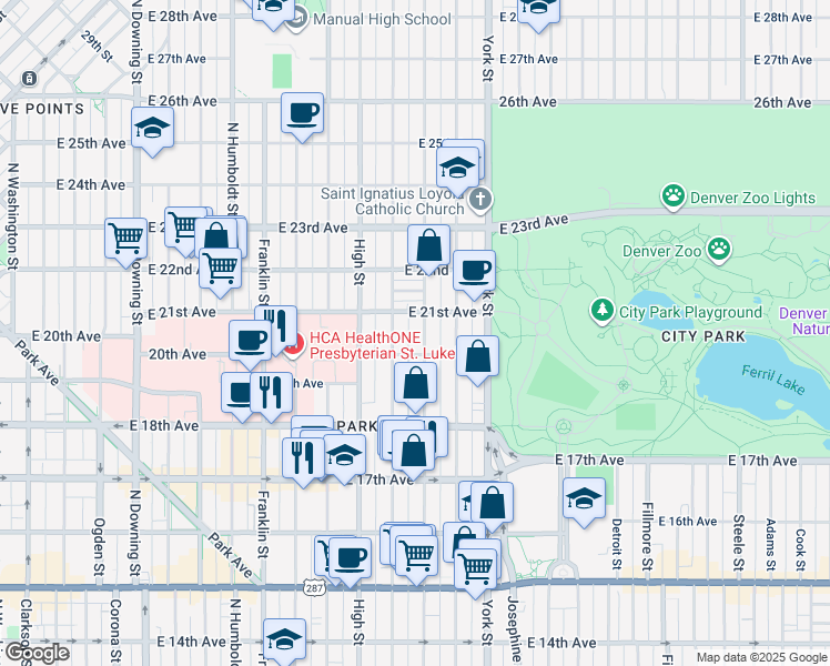map of restaurants, bars, coffee shops, grocery stores, and more near 2027 East 20th Avenue in Denver