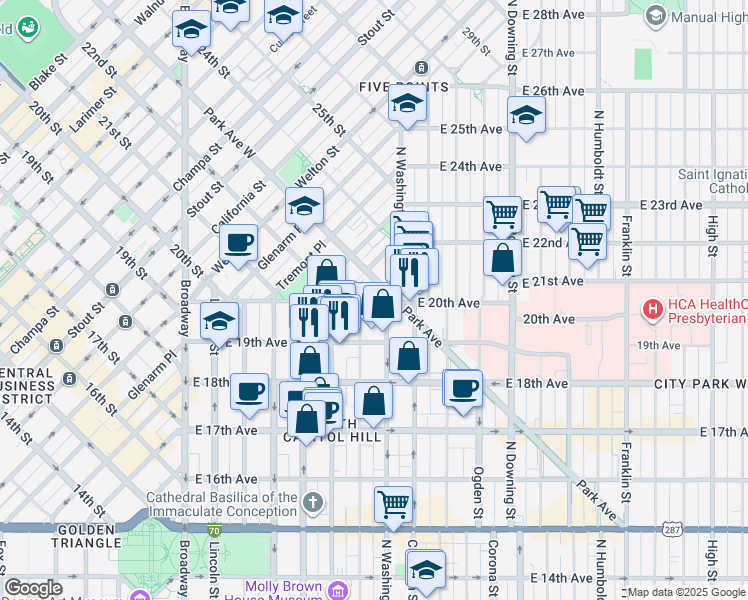map of restaurants, bars, coffee shops, grocery stores, and more near 1985 North Washington Street in Denver