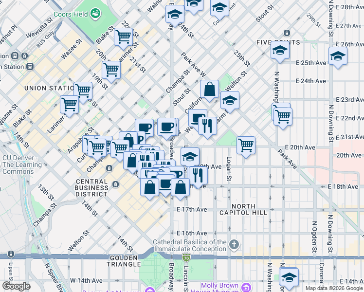 map of restaurants, bars, coffee shops, grocery stores, and more near 1900-1940 Broadway in Denver
