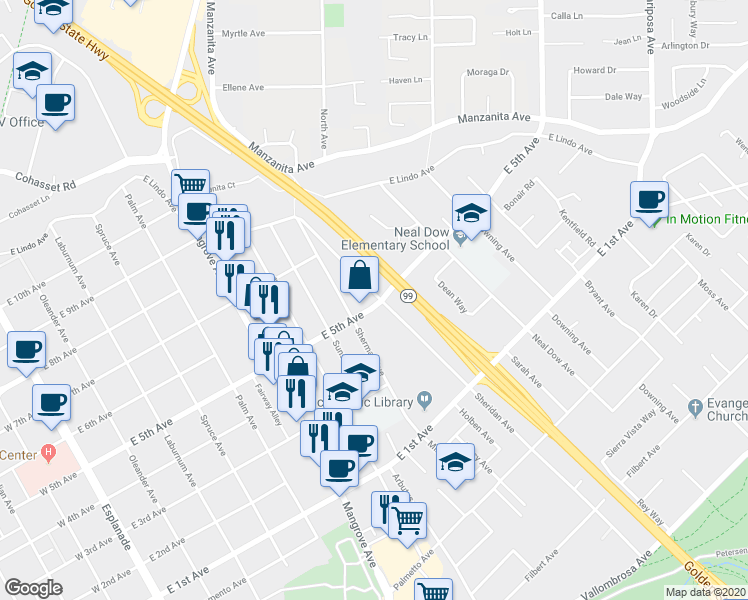 map of restaurants, bars, coffee shops, grocery stores, and more near 1415 Sheridan Avenue in Chico