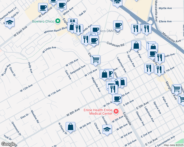 map of restaurants, bars, coffee shops, grocery stores, and more near 148 West 10th Avenue in Chico