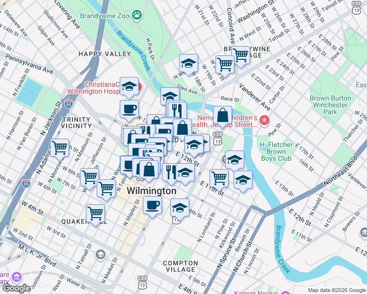 map of restaurants, bars, coffee shops, grocery stores, and more near 1201 North King Street in Wilmington