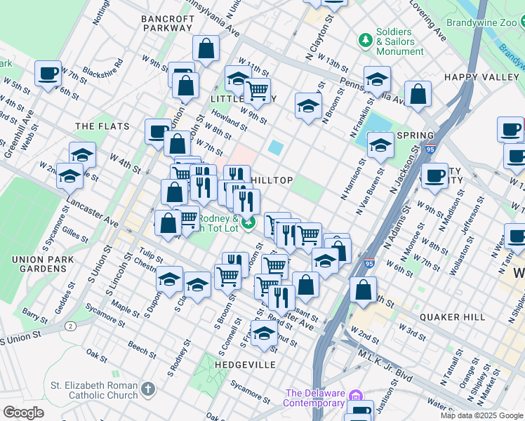map of restaurants, bars, coffee shops, grocery stores, and more near 425 North Broom Street in Wilmington