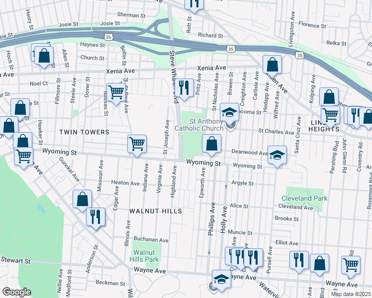 map of restaurants, bars, coffee shops, grocery stores, and more near 1625 Wyoming Street in Dayton