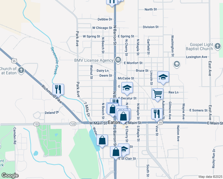 map of restaurants, bars, coffee shops, grocery stores, and more near 116 West Decatur Street in Eaton