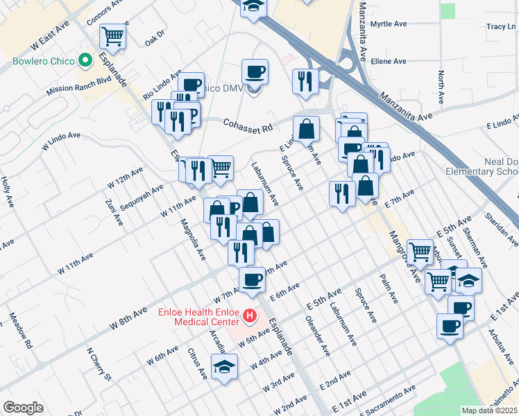 map of restaurants, bars, coffee shops, grocery stores, and more near 265 East 9th Avenue in Chico